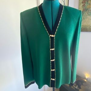 St John knit cardigan/jacket green with black trim & gold detail buttons.